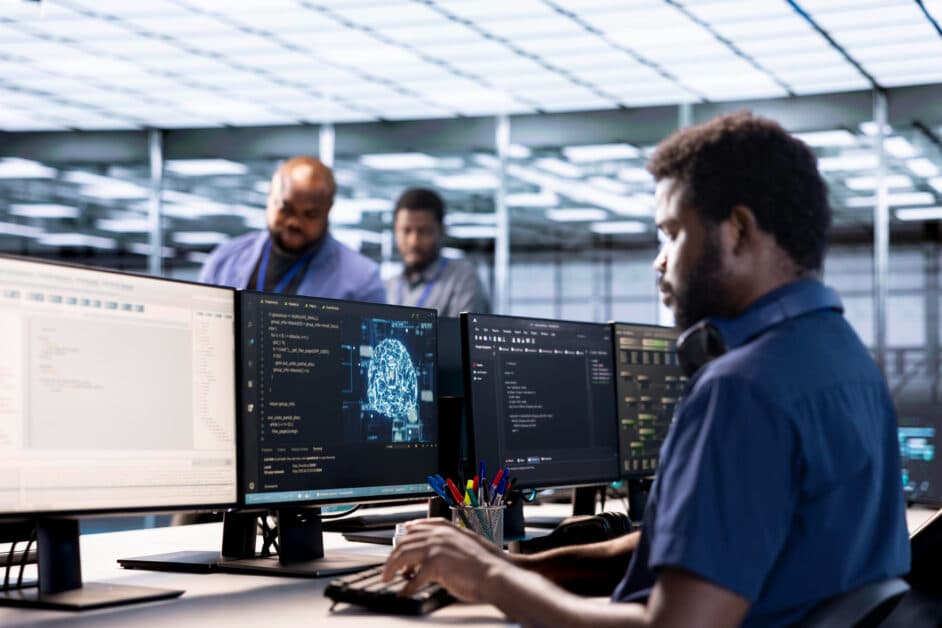 Ingénieurs développant une infrastructure blockchain sécurisée