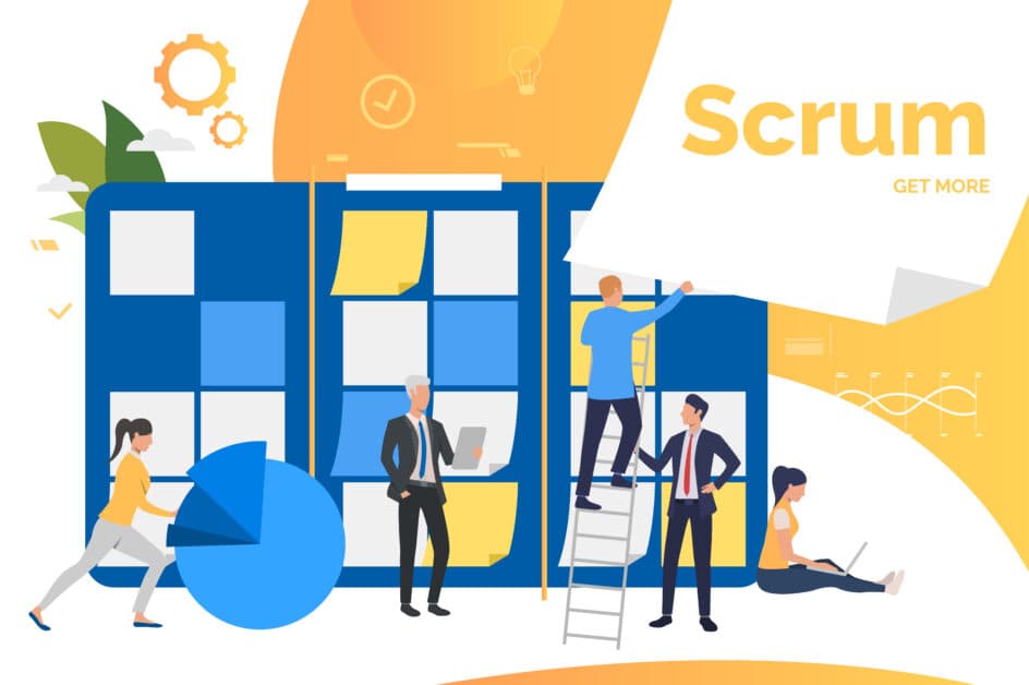 Workgroup discussing project. Scrum meeting, kanban board, report, professionals. Business concept. Vector illustration can be used for presentation slides, posters, banners
