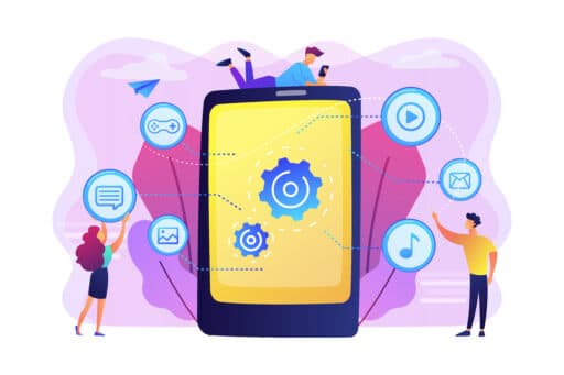 Personnages stylisés interagissant avec un grand smartphone pour configurer des fonctionnalités multimédias et sociales, représentant les étapes clés du développement mobile.