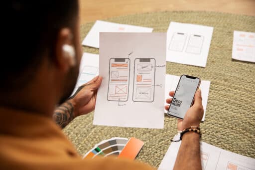 Alt-txt : Designer tenant un wireframe papier à côté d'un prototype réel sur smartphone pour comparer l'ergonomie et l'UI lors d'un projet de développement mobile.