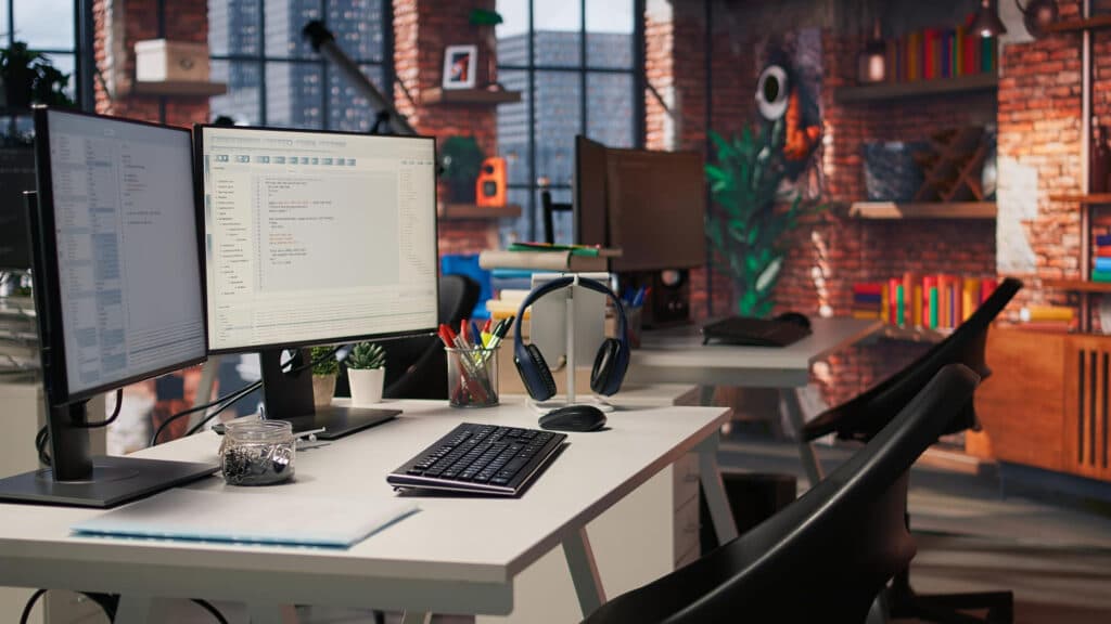 Poste de travail double écran d'un développeur web dans un espace de travail moderne type agence de développement web