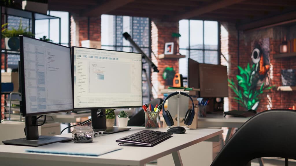 Environnement de développement web avec double moniteur affichant du code dans un studio type loft industriel