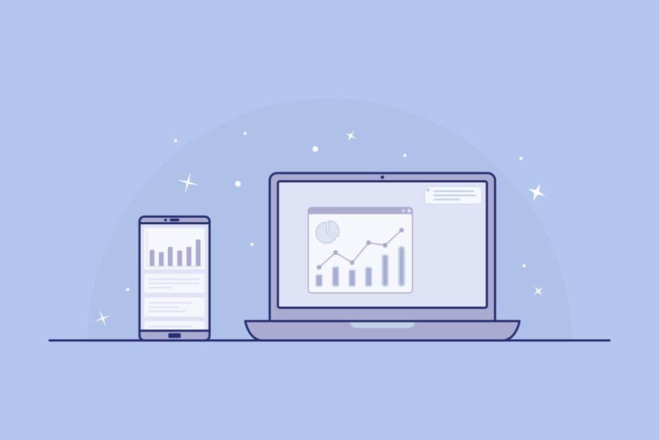 Illustration smartphone et laptop avec graphiques analytiques pour comparer le prix pour développer une application mobile et web
