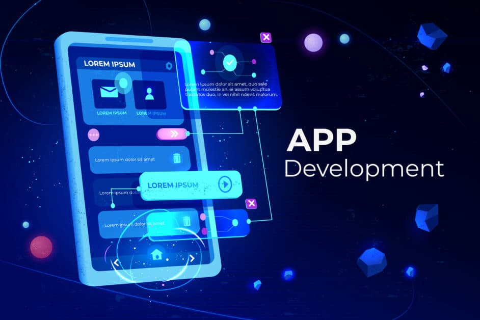 Illustration App Development représentant les étapes techniques qui font varier le prix pour développer une application mobile