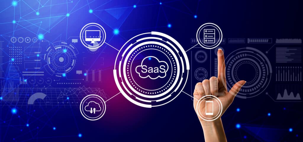 Interface SaaS cloud avec connexions multi-plateformes illustrant l'infrastructure DevOps et l'hébergement continu