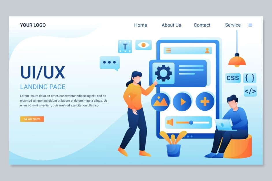 Illustration d'une équipe UI/UX concevant une landing page mobile avec éléments CSS et HTML