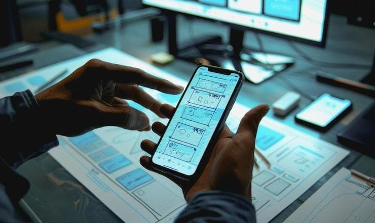 Un homme qui regarde les dessins d'une maquette d'application mobile