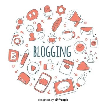 icones avec marqué blogging avec autour un ordinateur un smartphone une bulle de chat un pouce en l'air un micro un stylo une plume un appareil photo