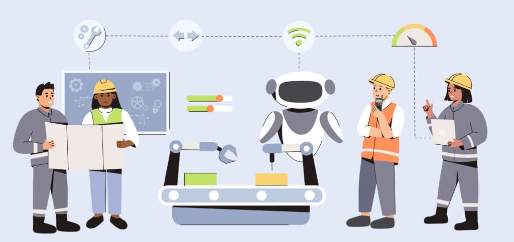AI engineering industry. Flat team of engineers use artificial intelligence in product manufacturing automation. Process with ai robotic technology. Futuristic tech in smart factory.