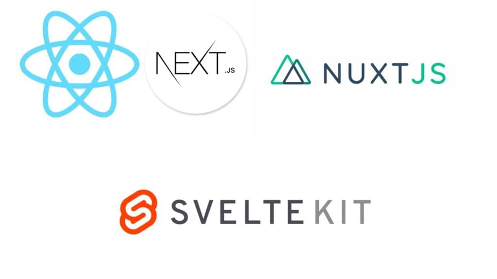 Logos des meta-framework JavaScript les plus populaires : React, Next.js, NuxtJS et SvelteKit