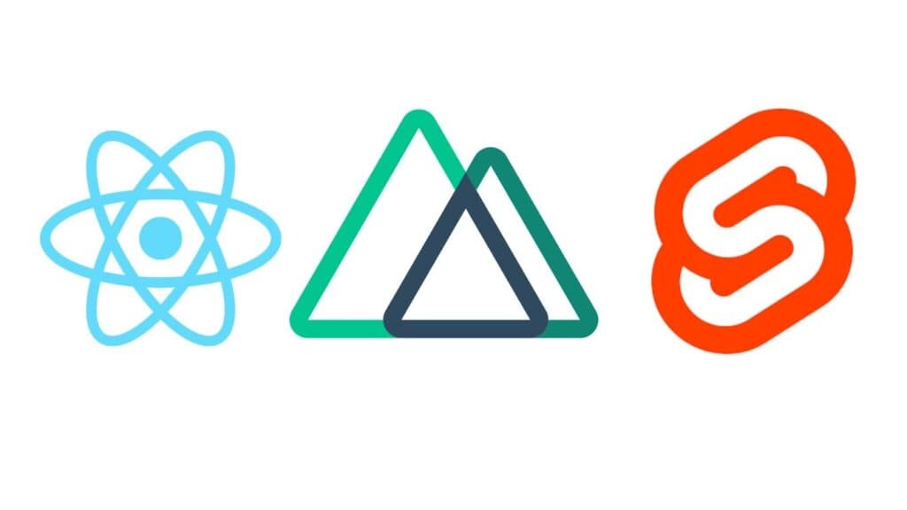 Les trois logos React, NuxtJS et SvelteKit côte à côte sur fond blanc