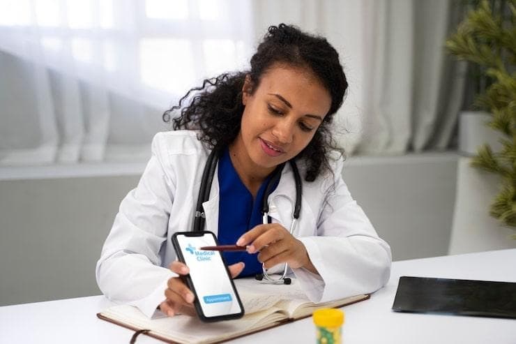 Une femme qui explique le fonctionnement d'une application eSanté