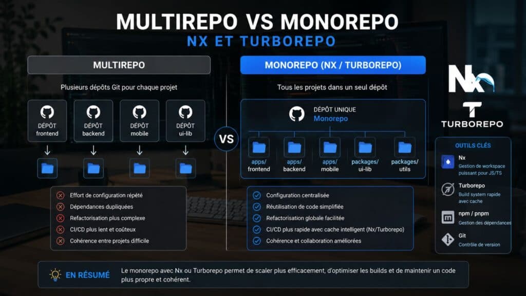 Comparaison multirepo vs monorepo Nx Turborepo